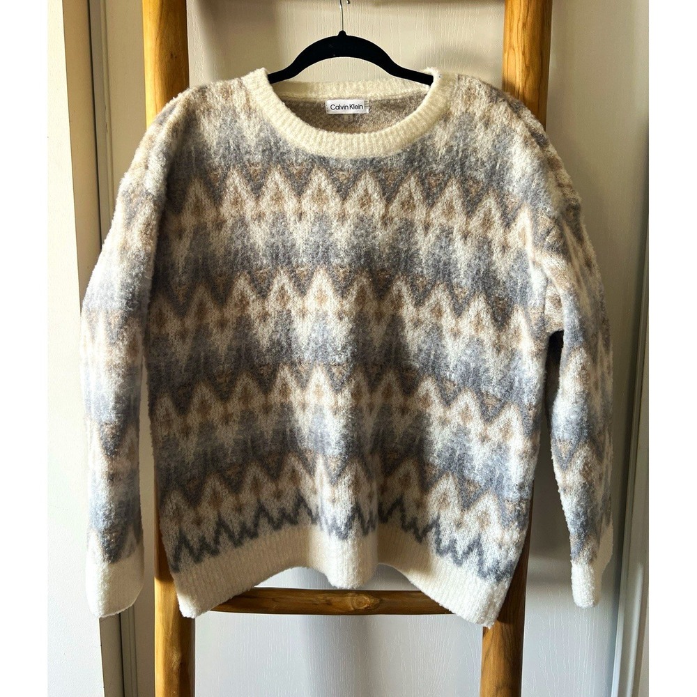 Calvin Klein Women's Fuzzy Knit Geometric Crewneck Pullover Sweater M Gray/Ivory